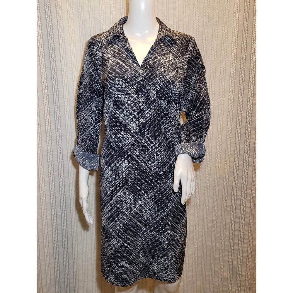 The Limited Ashton Black White Printed Tunic Pop Over Shirt Dress Tab Sleeves L